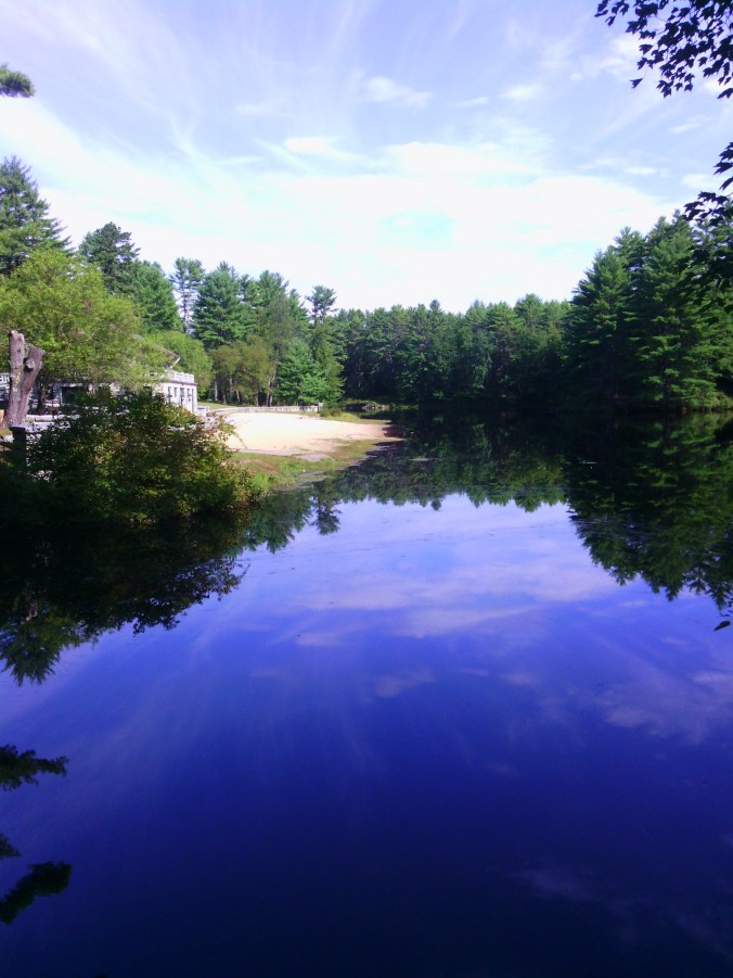 lake in a state park, deep blue water, partly cloudy sky, forested shore