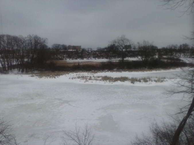The cove at Mine Falls Park, awaiting the springtime return of the swans. Nashua Millyard in background.