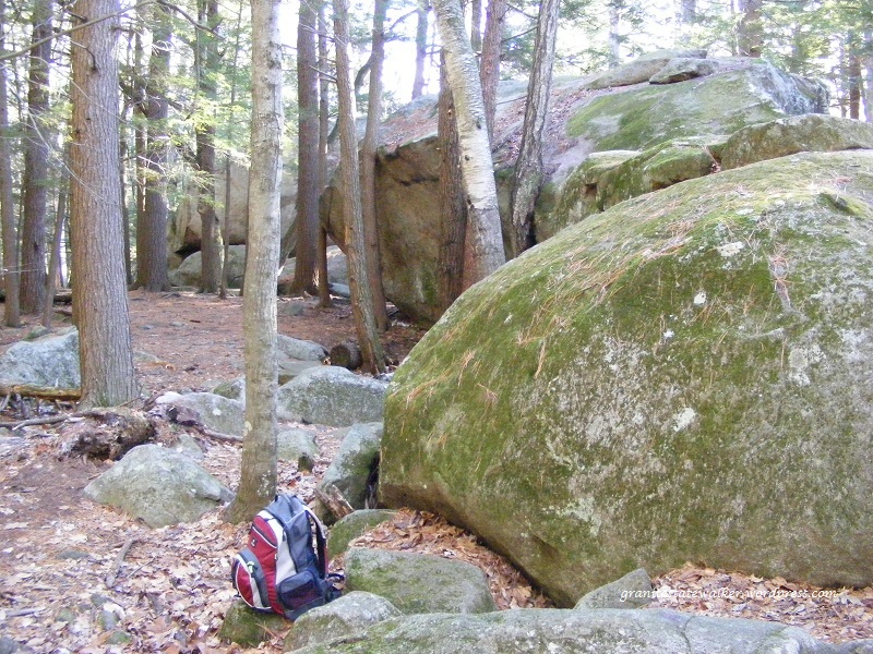 glacial erratic boulders in a forest, with a backpack on the ground