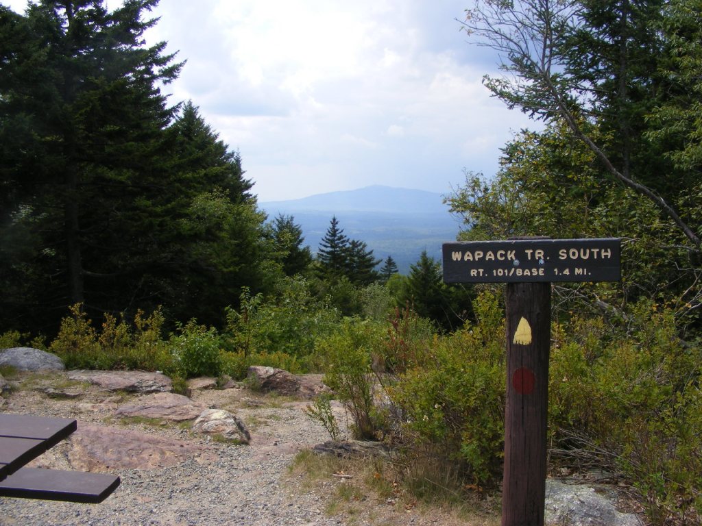 View of Mount Monadnock from Pack Monadnock with Wapack Trail sign