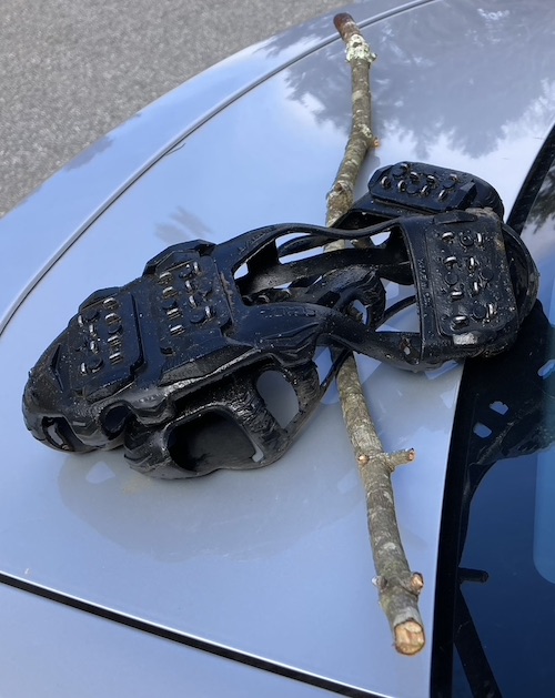 photo of cleats, worn over hiking shoes to improve traction, and a stick used while hiking